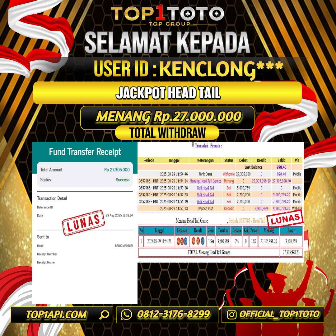 TOP1TOTO JACKPOT LIVE GAMES HEAD TAIL Rp.27.000.000 - LUNAS USER ID : KENCLONG***